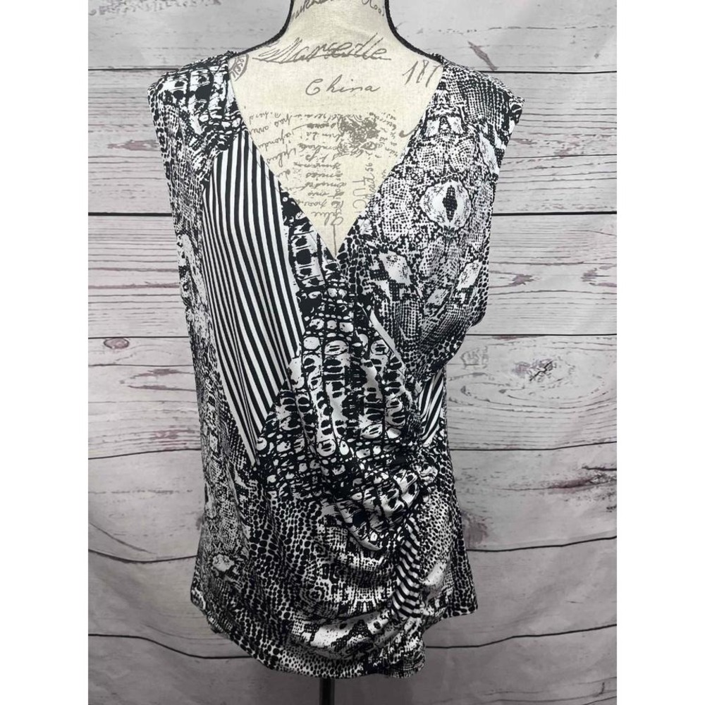 Style & Co Black White XL‎ VNeck Draped Abstract Pattern Blouse